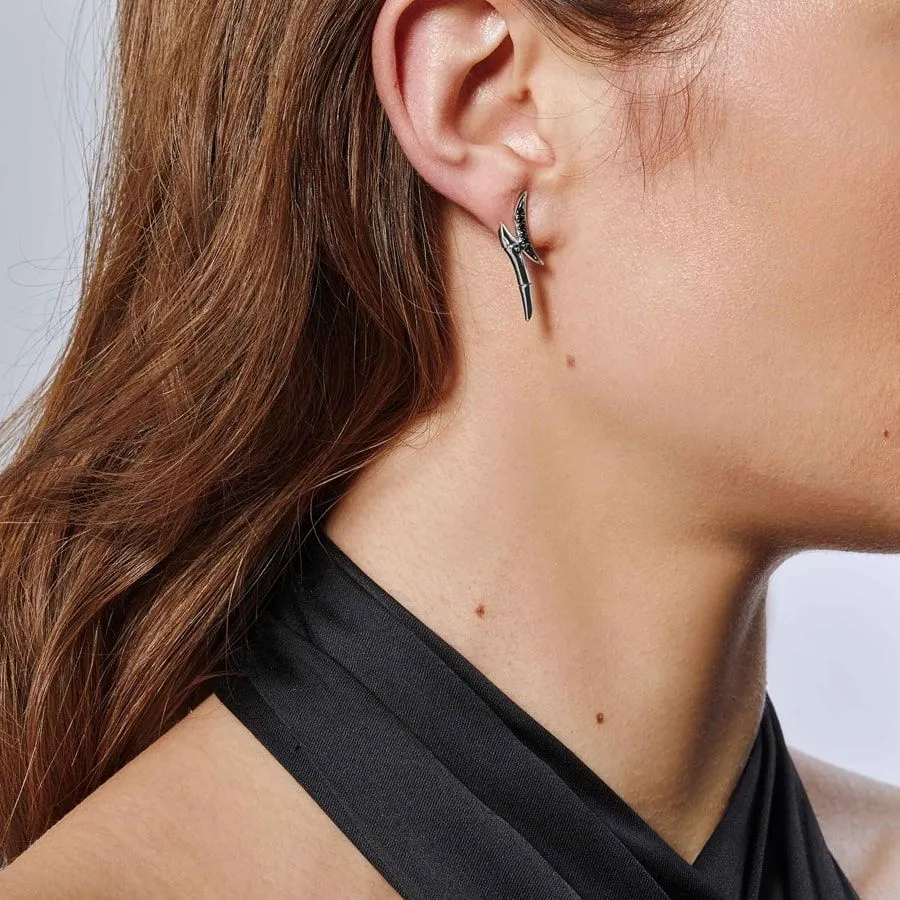 Bamboo Silver Earrings with Black Sapphires
