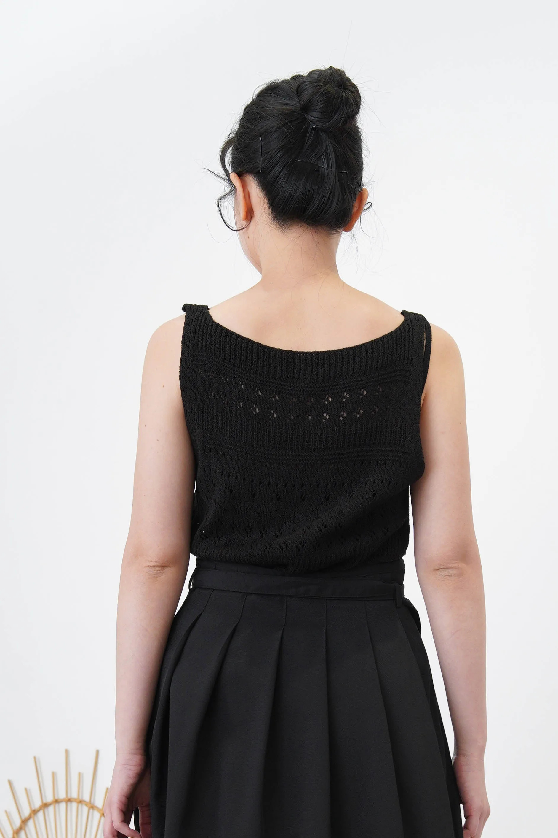 Black crochet knit vest in boat neck