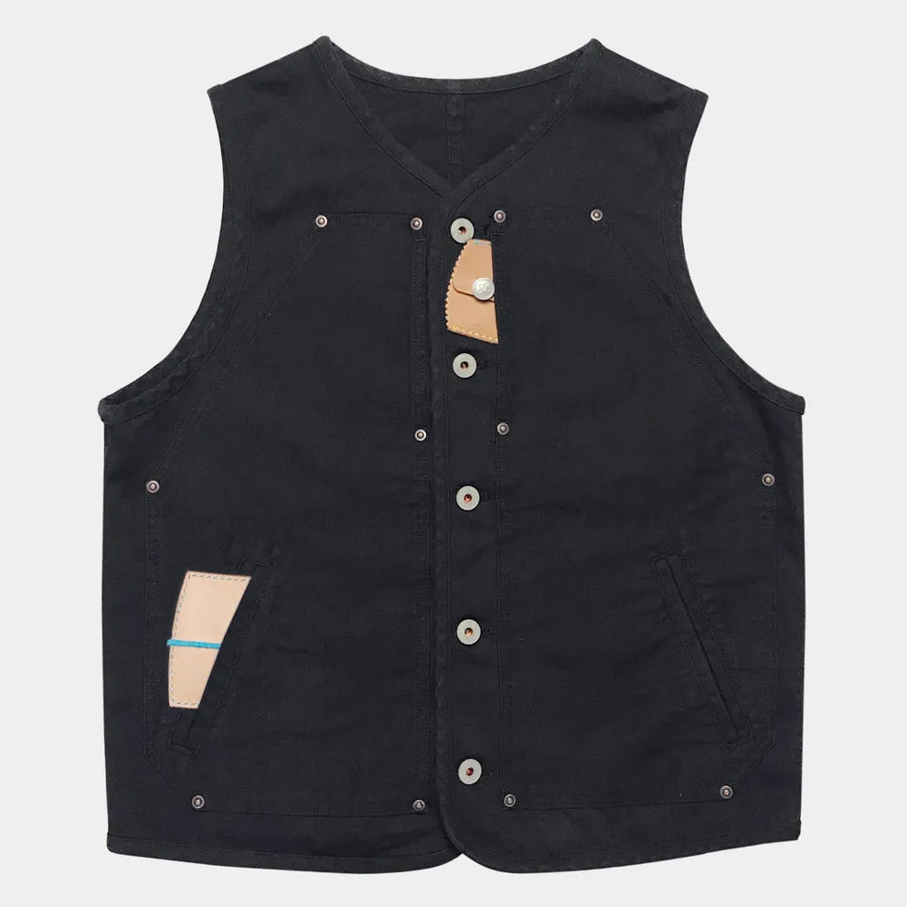 BZEN M.3193-SANCHEZ REGULAR FIT DOUBLE FRONT PANEL BLACK OVERDYE BLACK VEST-13oz-E0 BLACK/BLACK