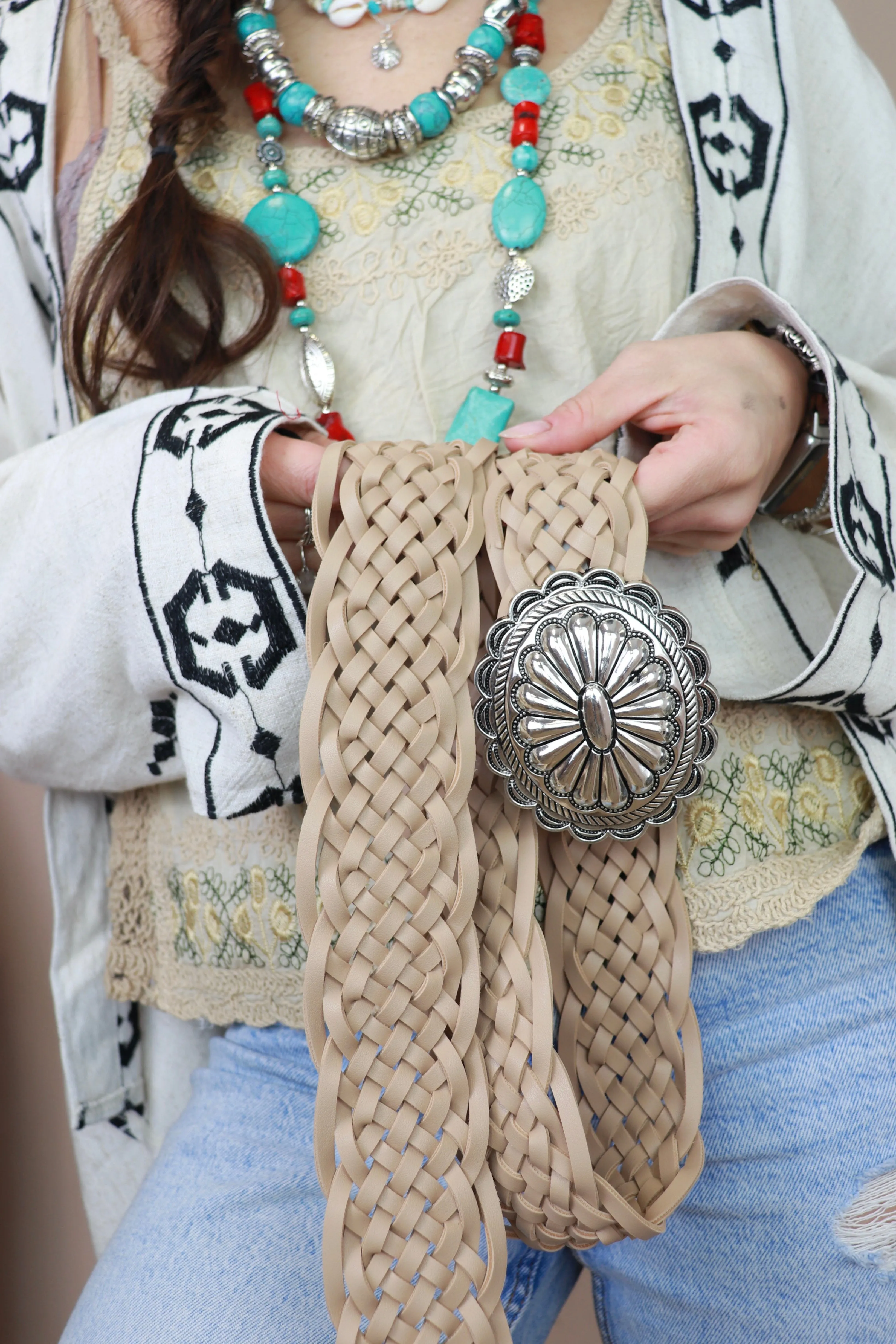 Concho buckle braided belt