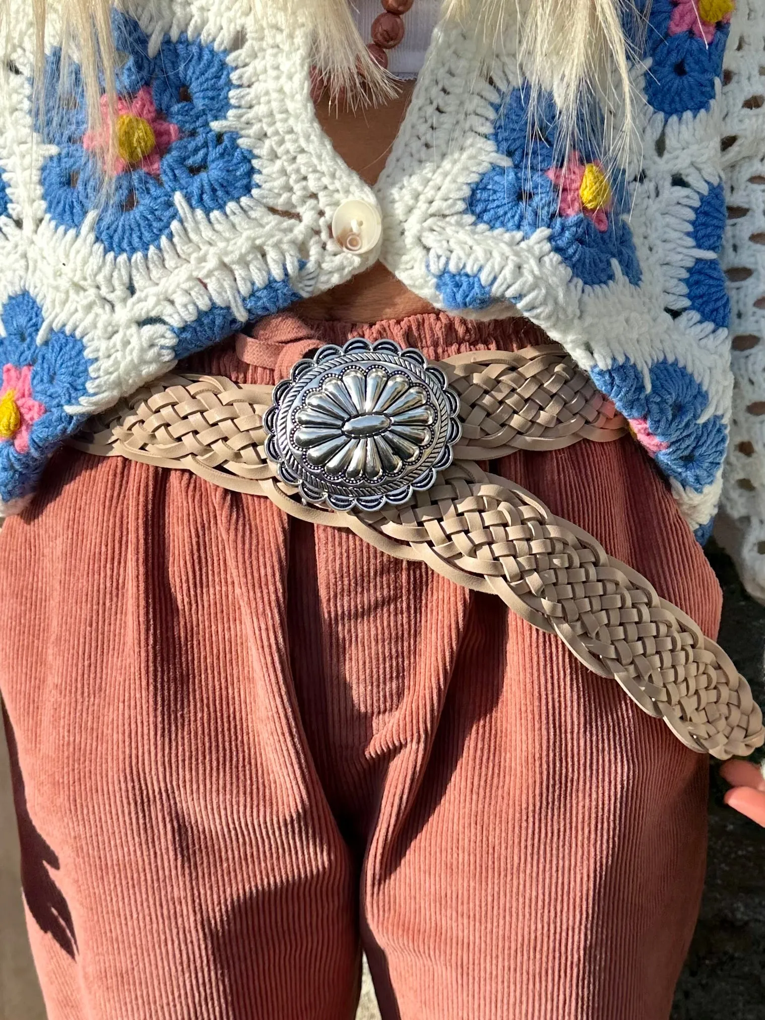Concho buckle braided belt