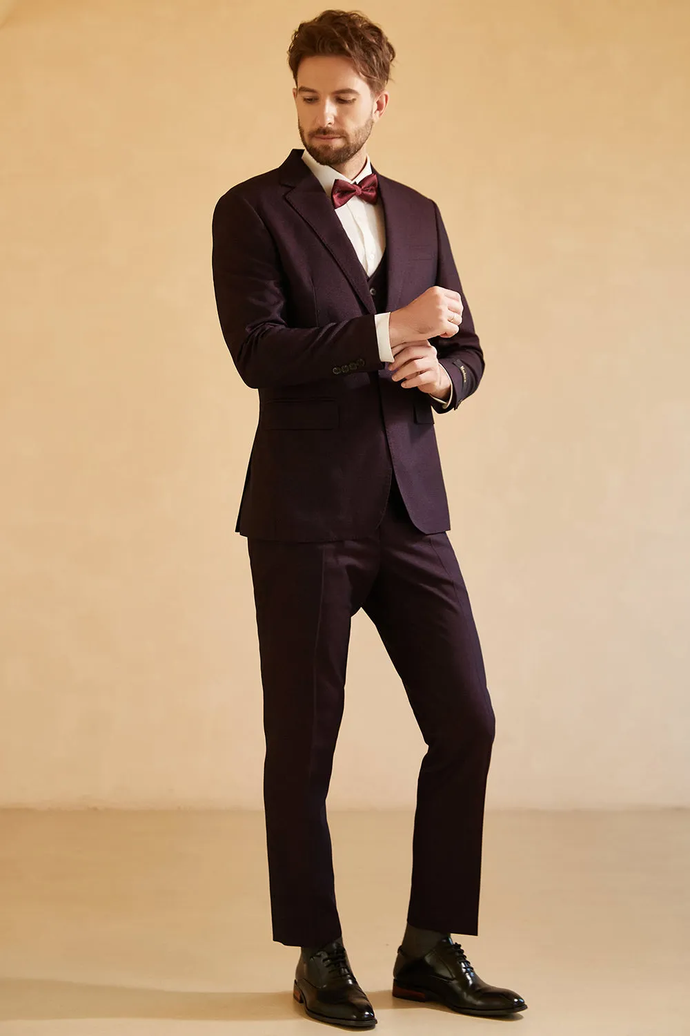 Dark Purple Notched Lapel One Button 3 Piece Wedding Suit