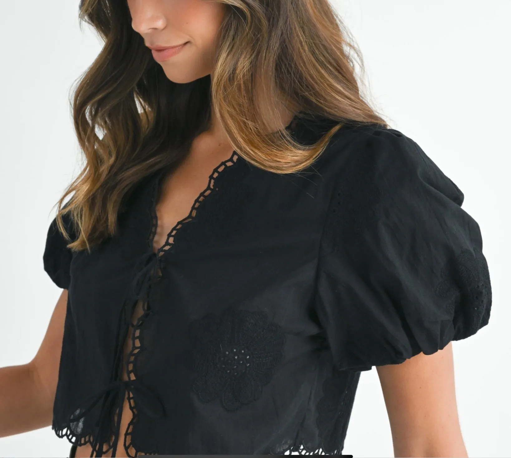 Embroidered Puff Sleeve Ties Top