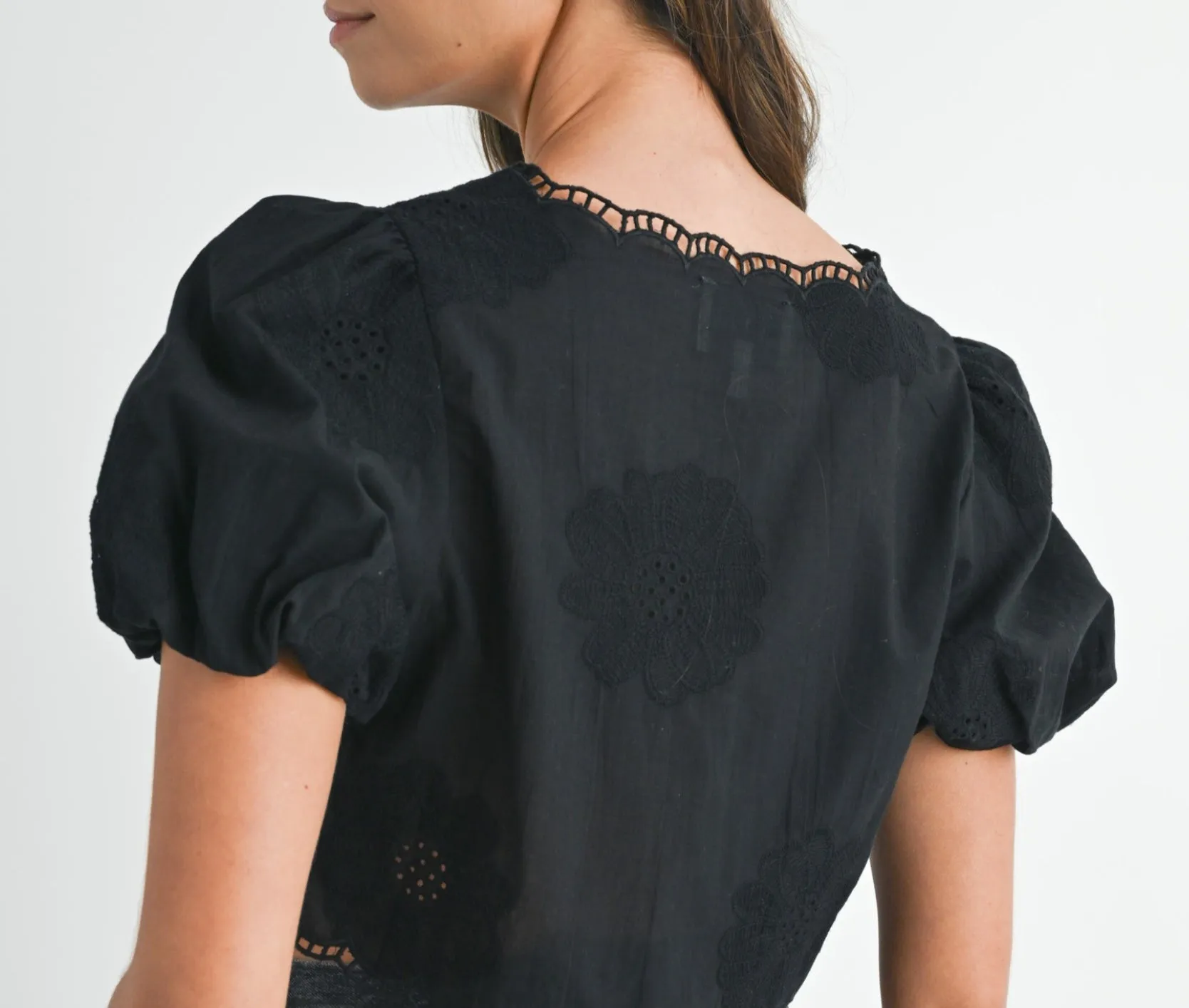 Embroidered Puff Sleeve Ties Top