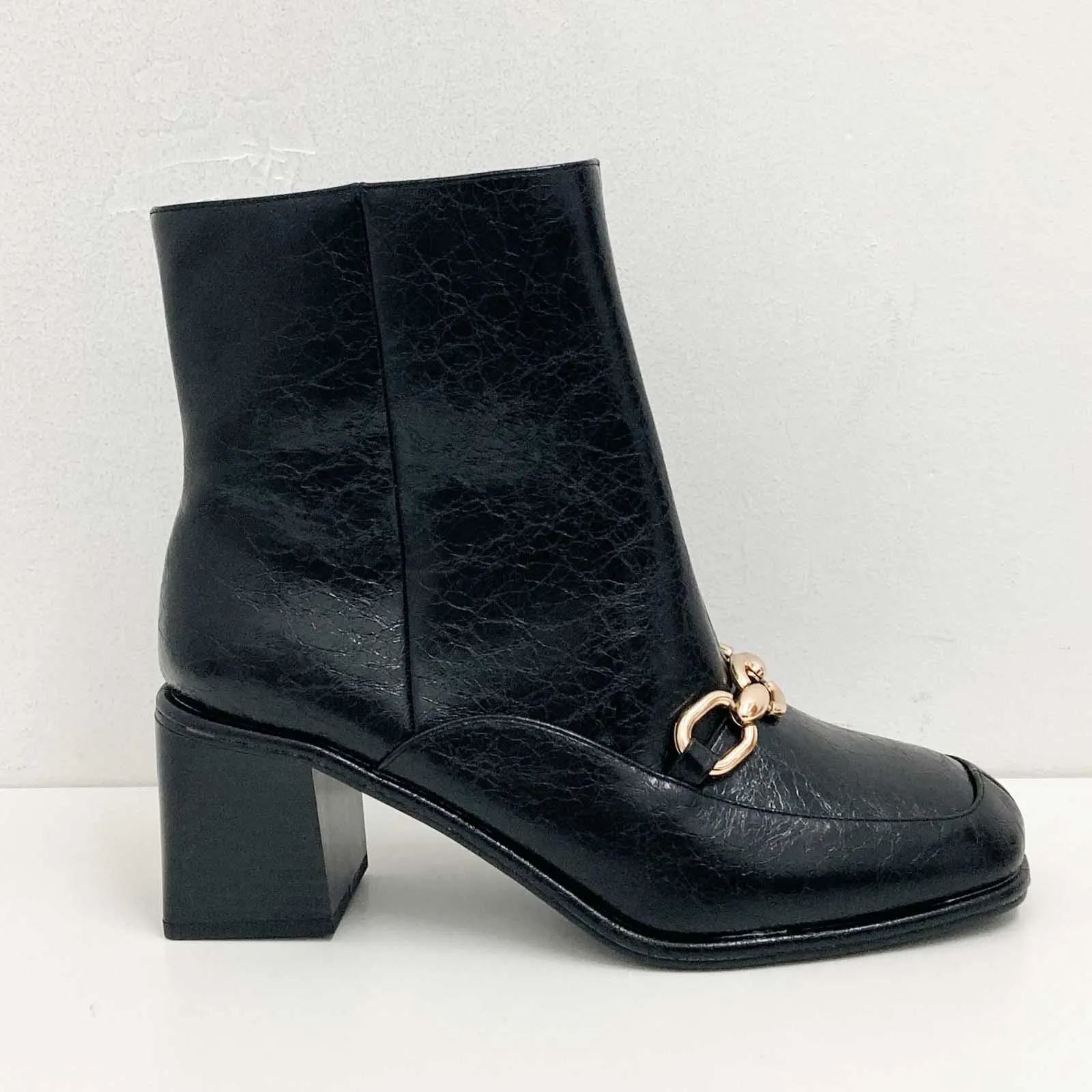 Evans Black Faux Leather Gold Chain Heeled Ankle Boots UK 9 Extra Wide