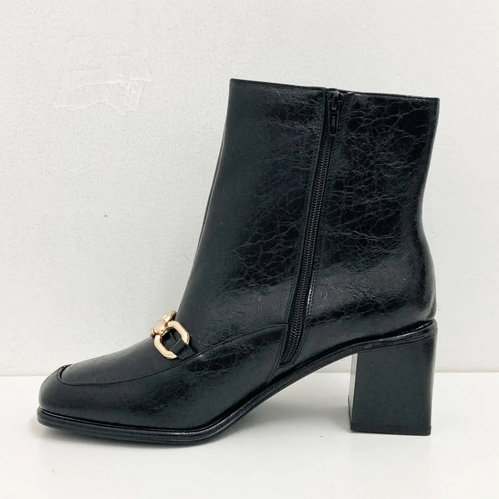 Evans Black Faux Leather Gold Chain Heeled Ankle Boots UK 9 Extra Wide
