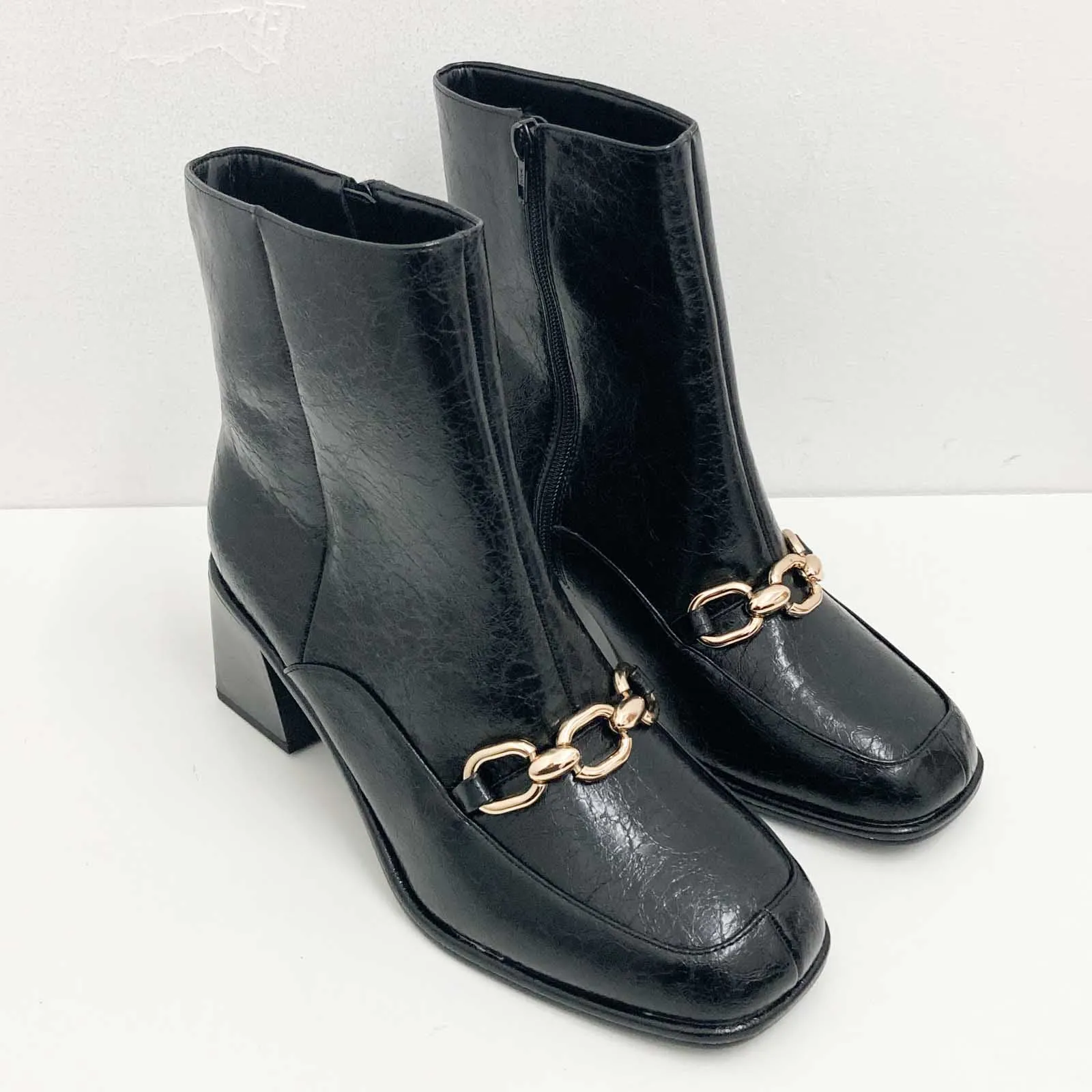 Evans Black Faux Leather Gold Chain Heeled Ankle Boots UK 9 Extra Wide