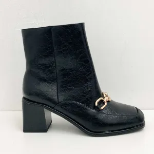 Evans Black Faux Leather Gold Chain Heeled Ankle Boots UK 9 Extra Wide