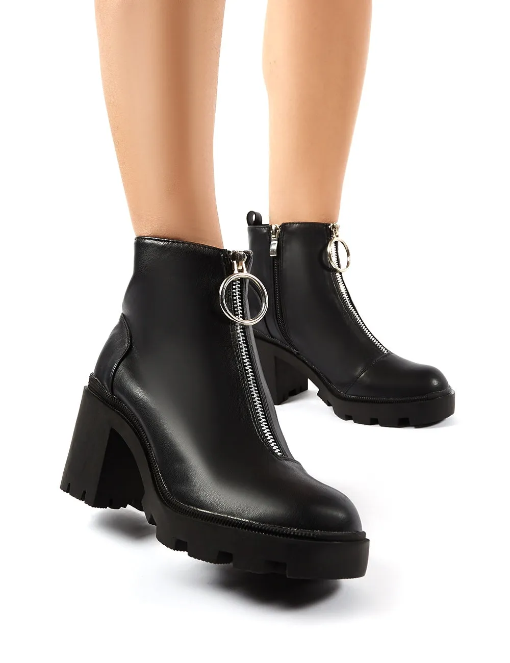 Gospel Black PU Zip Up Chunky Heeled Ankle Boots