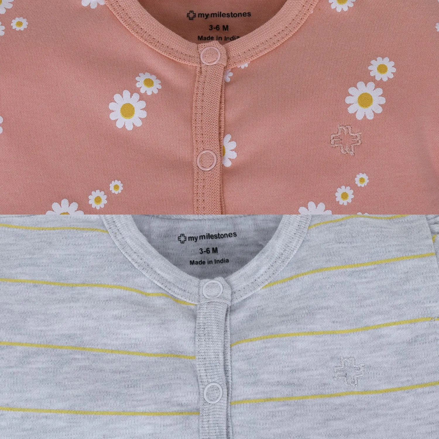 My Milestones T-shirt Half Sleeves Girls Peach Daisy / Grey Stripes-2Pc Pack