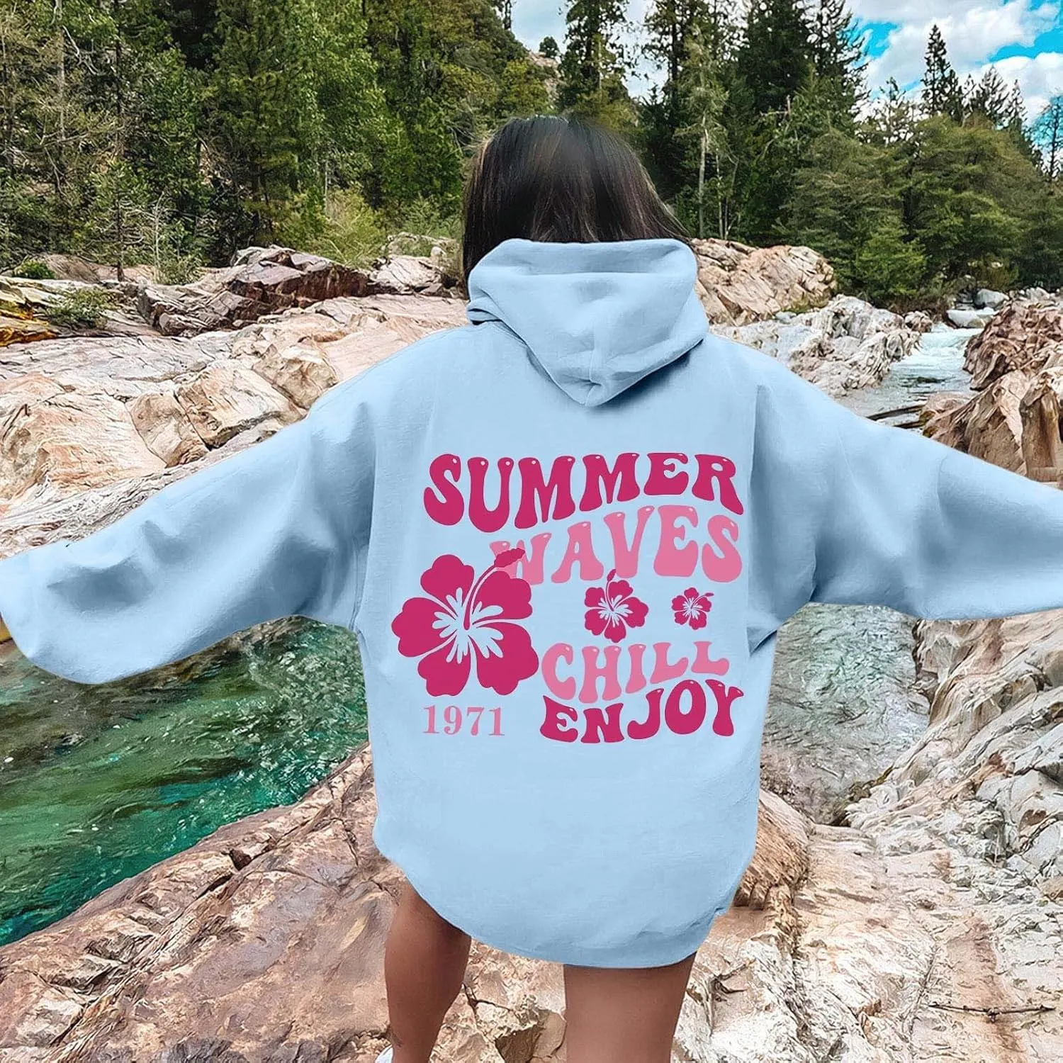 Pink Puff Hoodie For Women Oversized Summer Waves Chill Enjoy Letter Graphic Comfort Sweatshirts