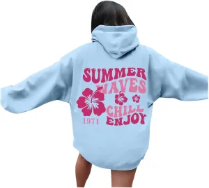 Pink Puff Hoodie For Women Oversized Summer Waves Chill Enjoy Letter Graphic Comfort Sweatshirts