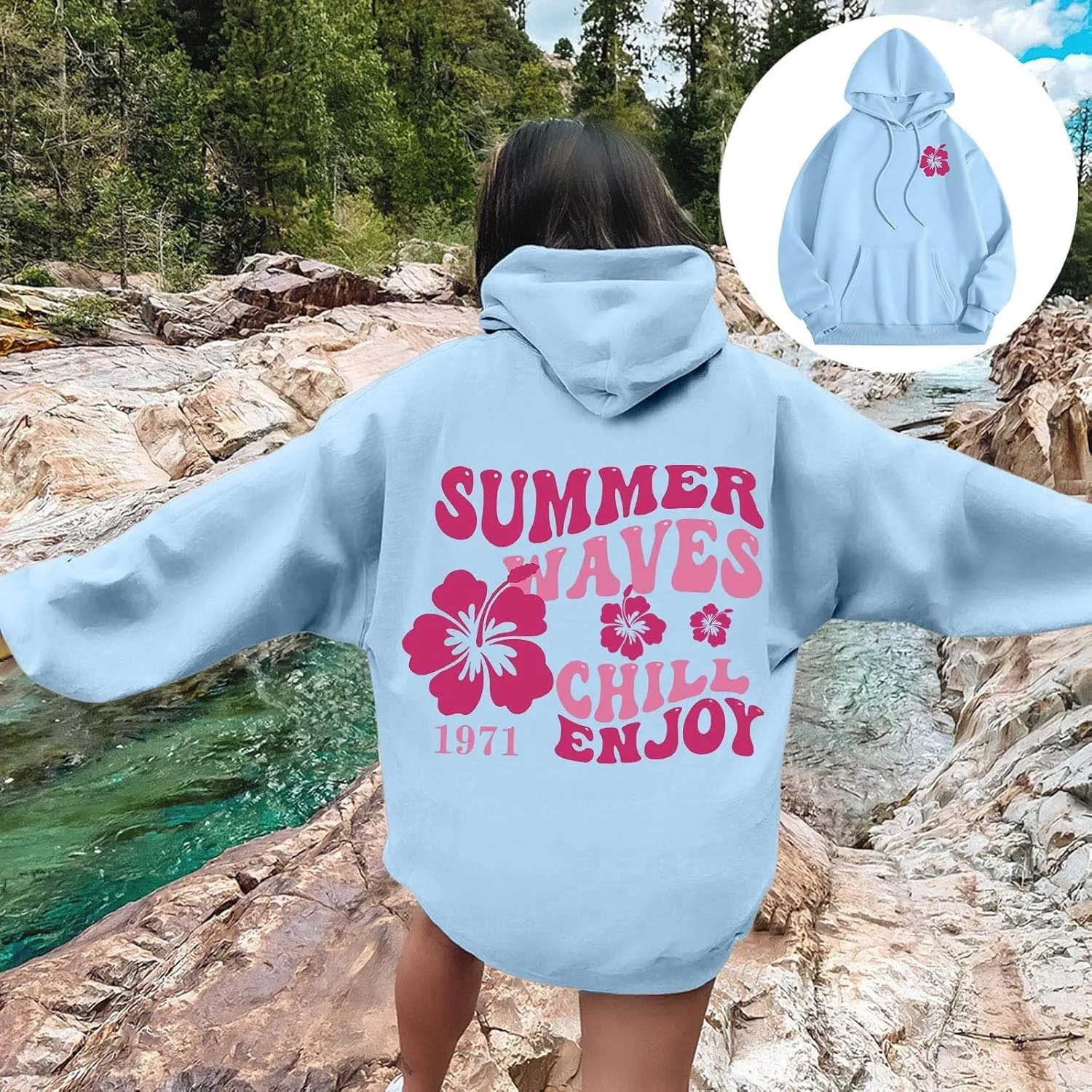 Pink Puff Hoodie For Women Oversized Summer Waves Chill Enjoy Letter Graphic Comfort Sweatshirts