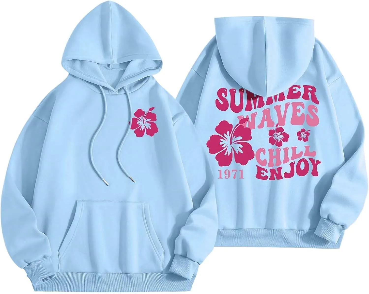 Pink Puff Hoodie For Women Oversized Summer Waves Chill Enjoy Letter Graphic Comfort Sweatshirts