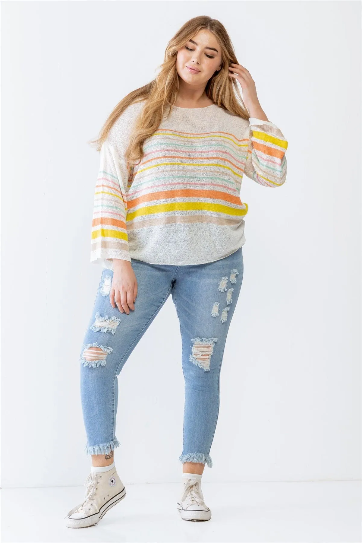 Plus Size Lightweight Striped Cotton Knit Sweater /3-2-1