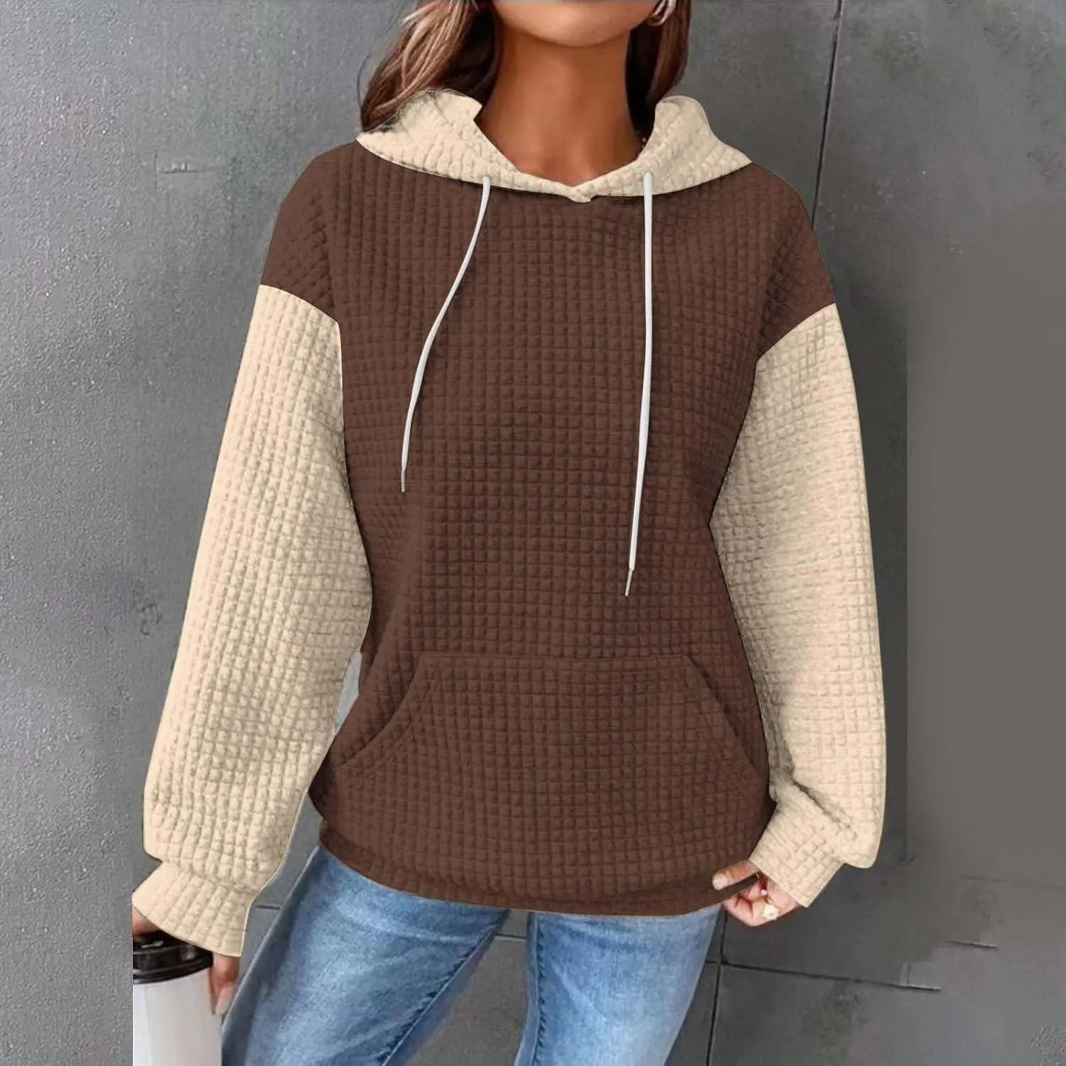 Womens Hoodies Oversized Sweatshirts 2024 Fashion Block Color Casual Crewneck Long Sleeve Loose Fit Winter Clothes