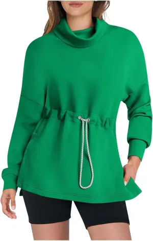 Womens Turtleneck Sweatshirts Long Sleeve Drawstring Waist Pullover Tops Trendy 2024 Fall Hoodies Preppy Outfits