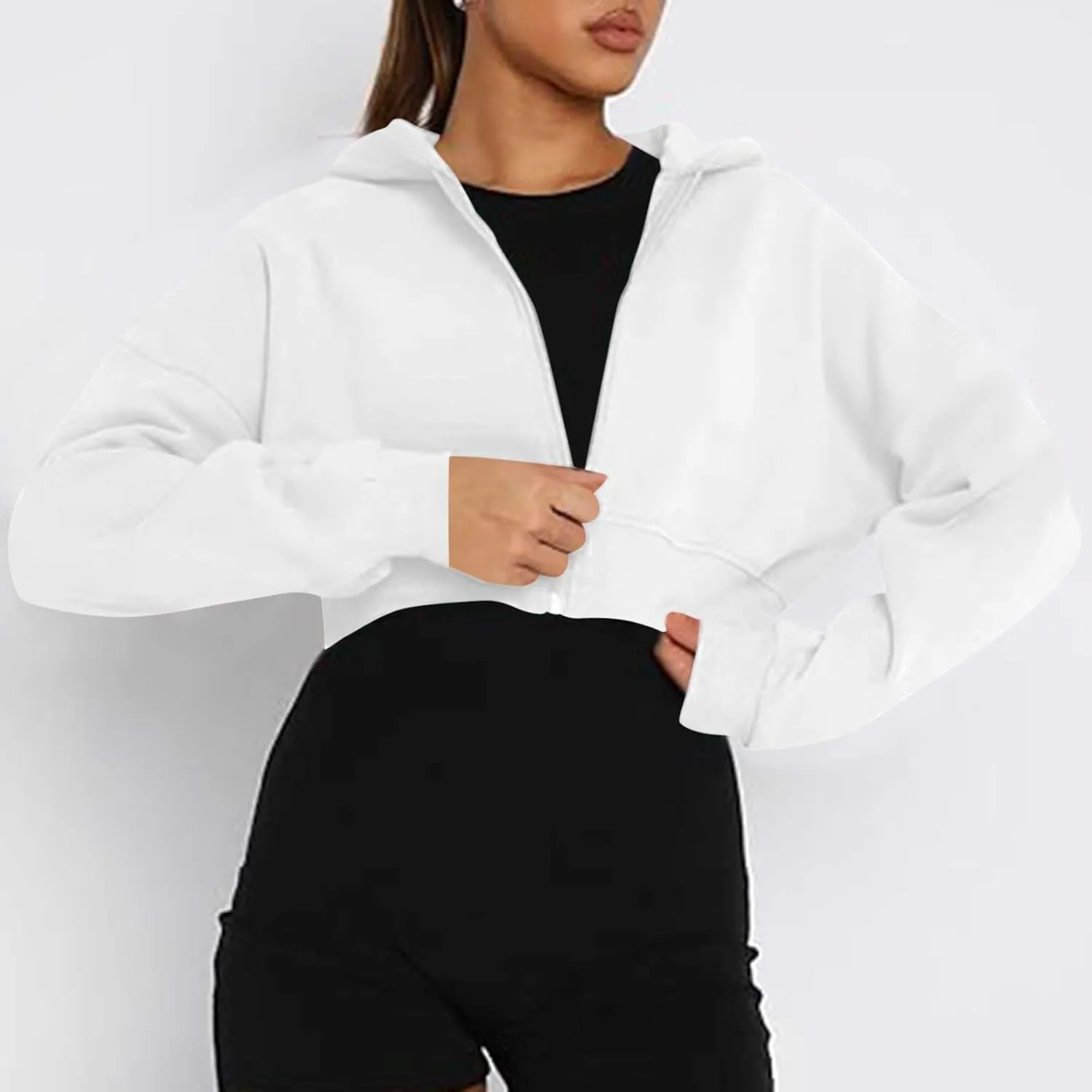 Womens Zip Up Cropped Sweatshirts Hoodie Long Sleeve Jacket Trendy Y2K Crop Tops 2024 Fashion Outfits Clothing